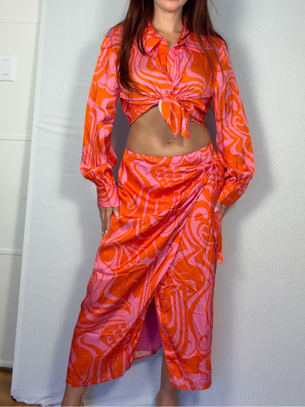 Vibrant Orange & Pink Tie-Front Swim Cover-Up Set